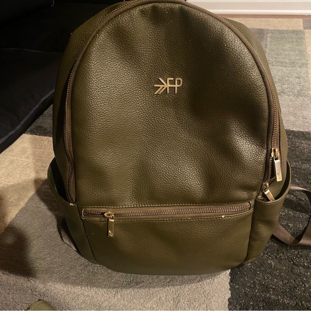 Freshly Picked Faux Leather Diaper Bag Backpack in Olive Green with Changing Pad